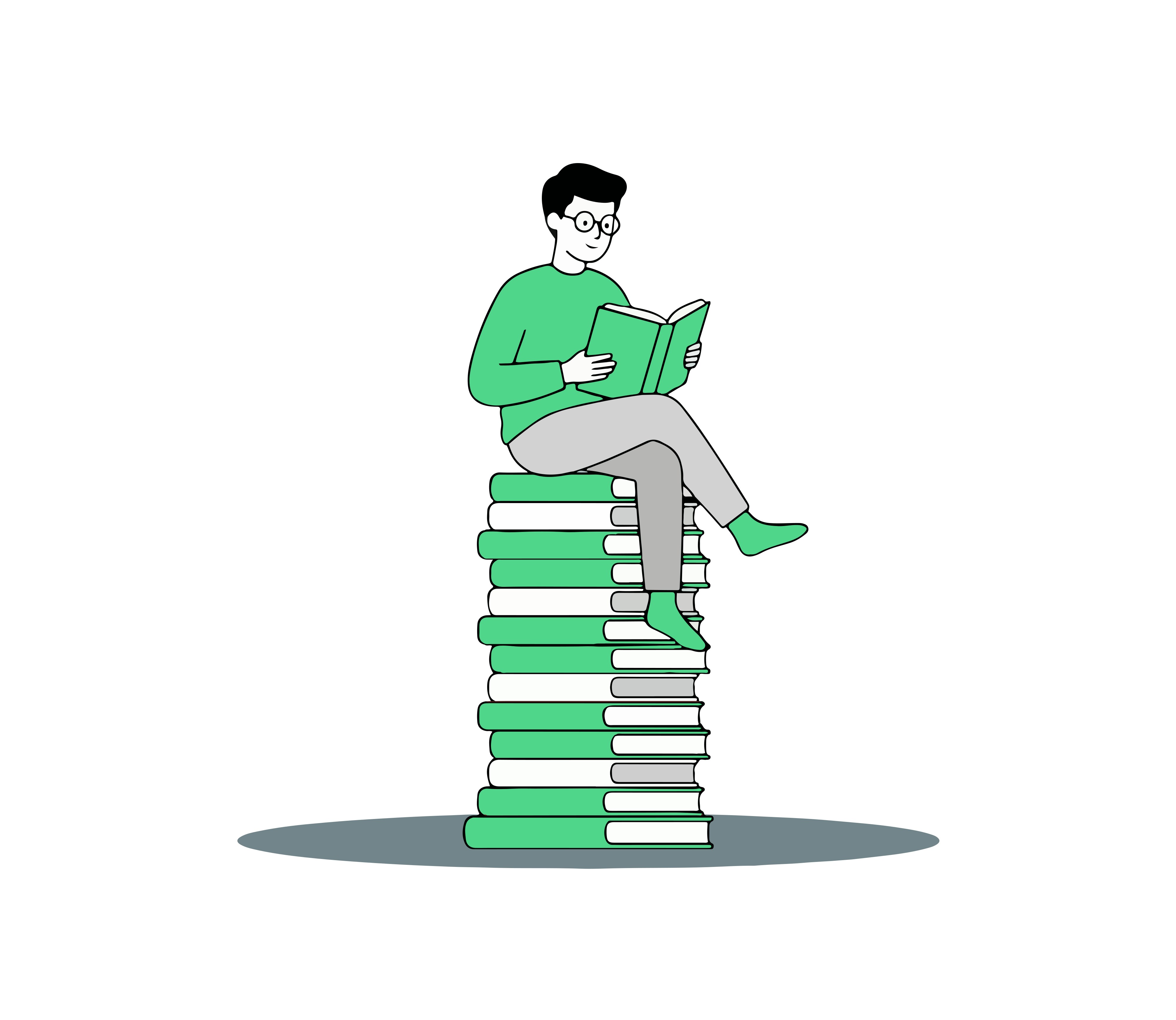 Illustration of a man sitting on a tall stack of books, reading